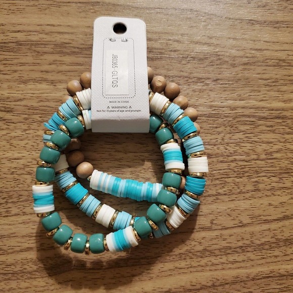 Jolli Molli Bracelet Beaded Turquoise White Brown Gold Stretch Jewelry - Picture 3 of 6